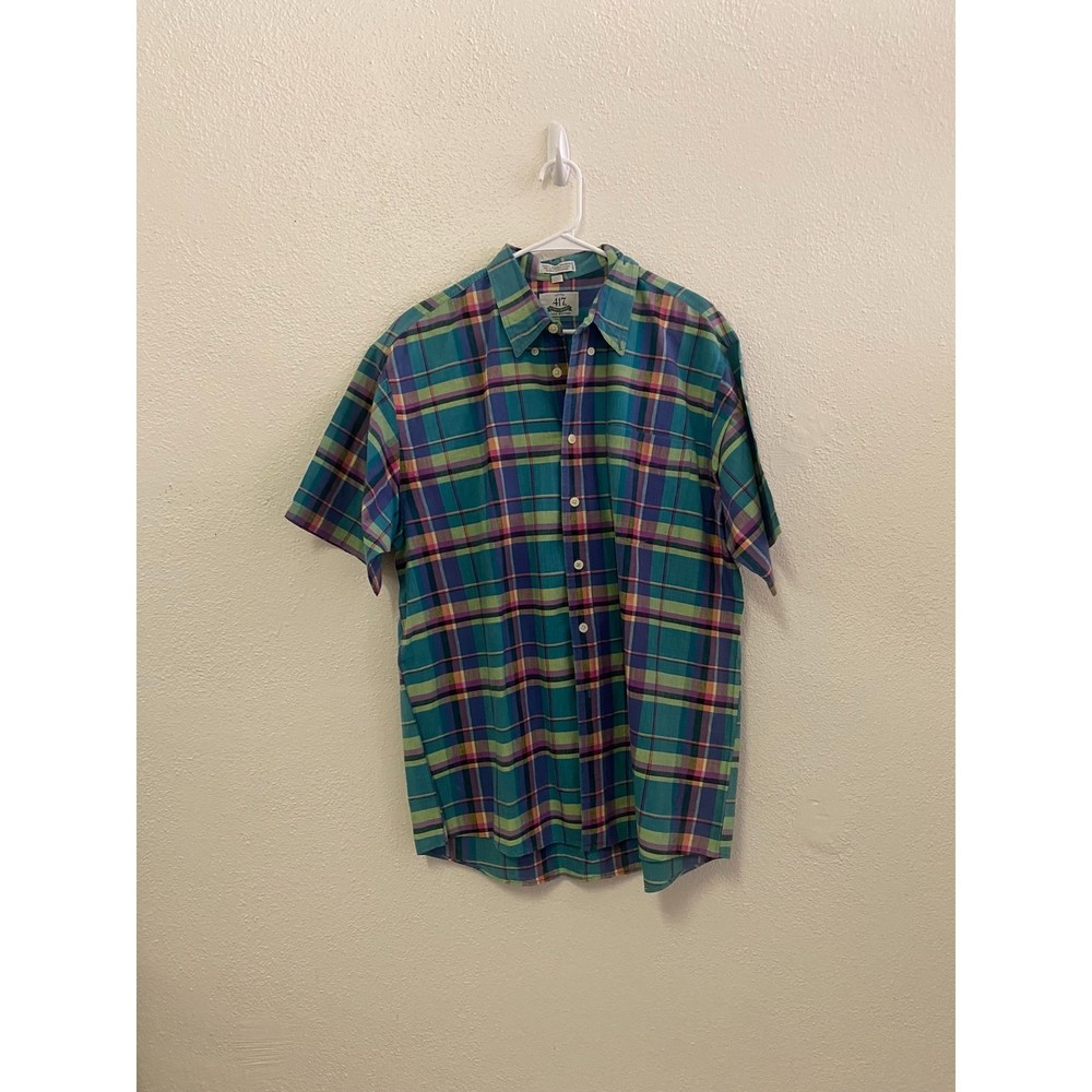 vintage van hausen 417 green blue purple plaid mens button up shirt size XL